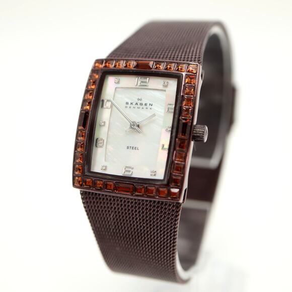 Skagen Swarovski Brown Crystal Watch 26mm MOP Dial Milanese Mesh w New Battery - Picture 1 of 16